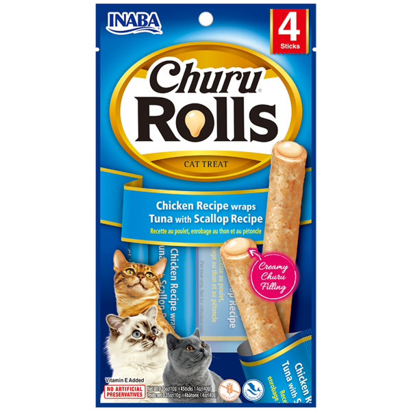Inaba Cat Snack Churu - Rolls 4P Chicken Recipe Wraps Tuna With Scallop Recipe 40 Gr
