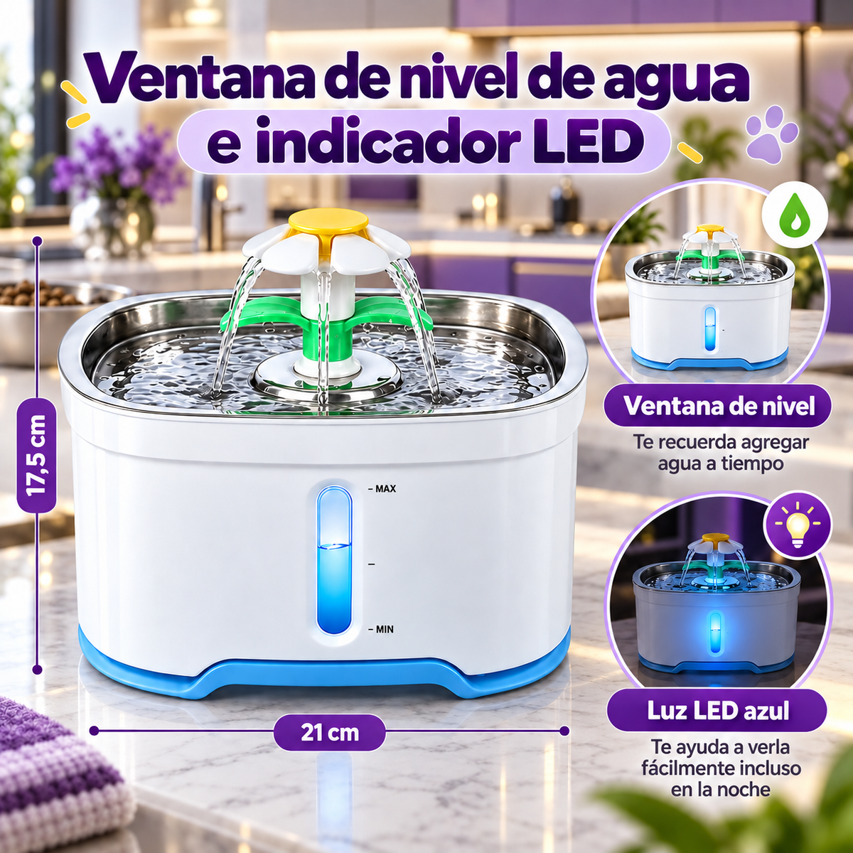 Fuente De Agua Wuufu En Acero Inoxidable 2.5 Litros Con Luz Envio incluido